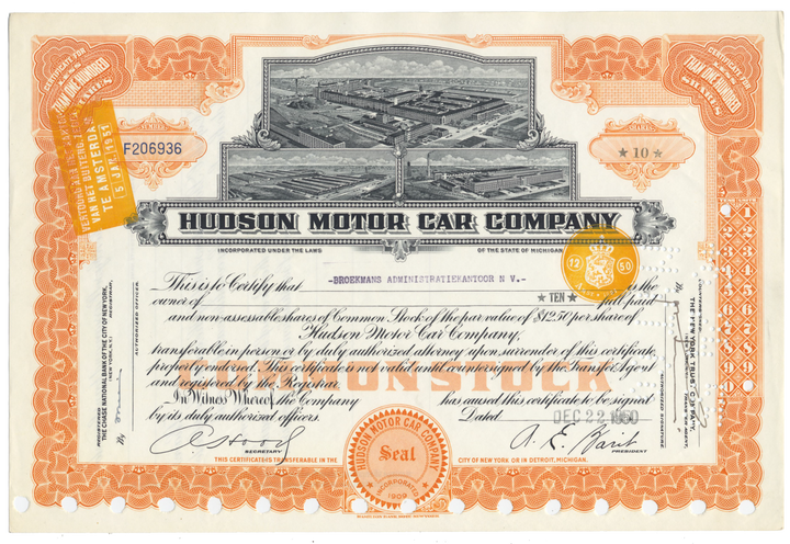 Hudson Motor Car Company Stock Certificate