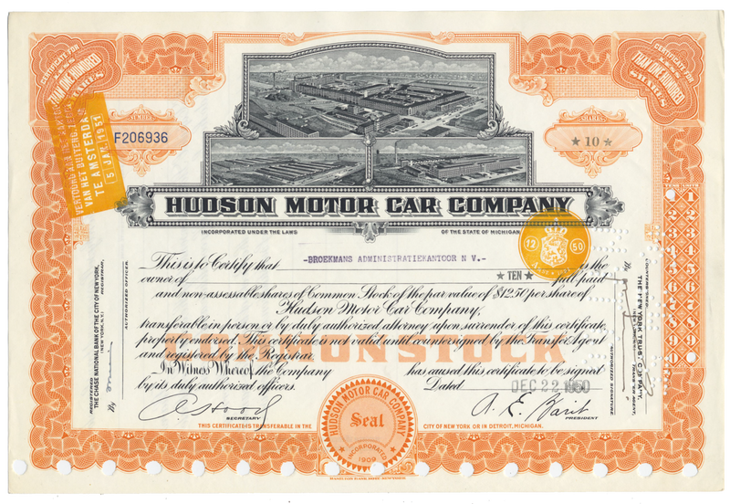 Hudson Motor Car Company Stock Certificate