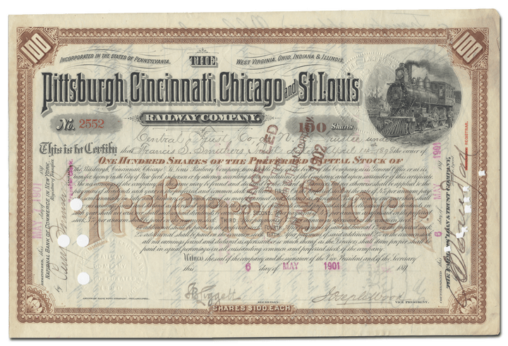 Pittsburgh, Cincinnati, Chicago and St. Louis Railway Company Stock Certificate