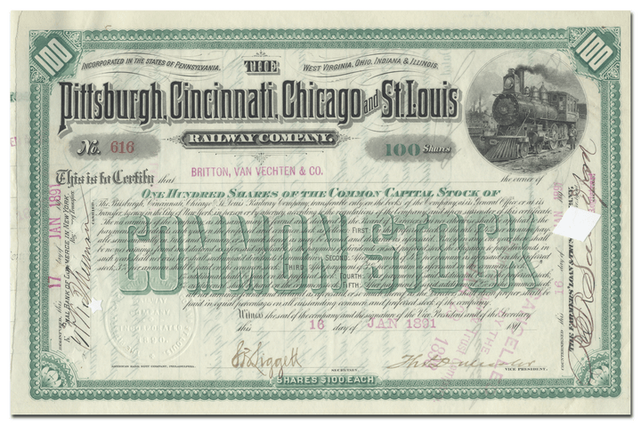 Pittsburgh, Cincinnati, Chicago and St. Louis Railway Company Stock Certificate