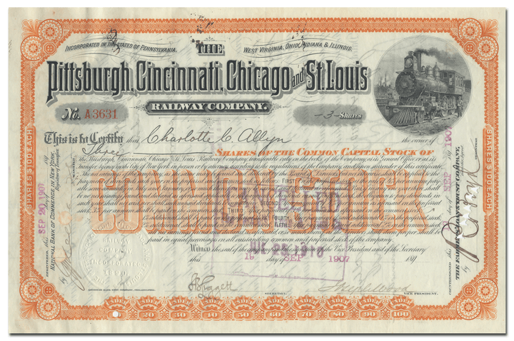 Pittsburgh, Cincinnati, Chicago and St. Louis Railway Company Stock Certificate