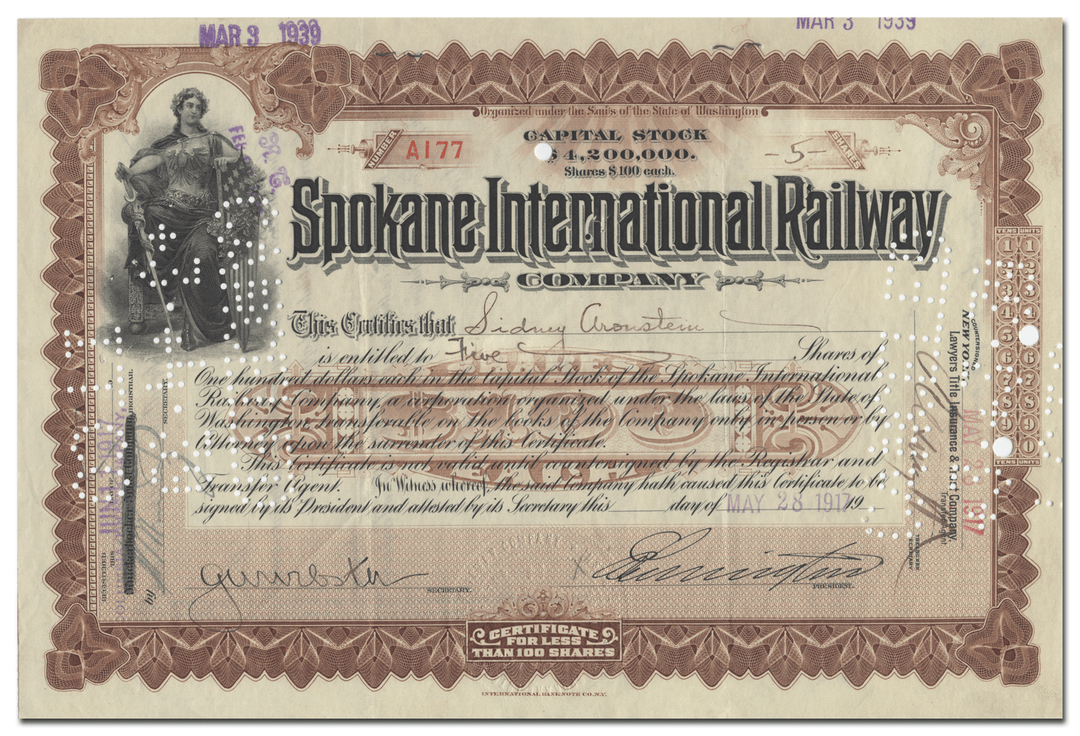 Spokane International Railway Company Stock Certificate