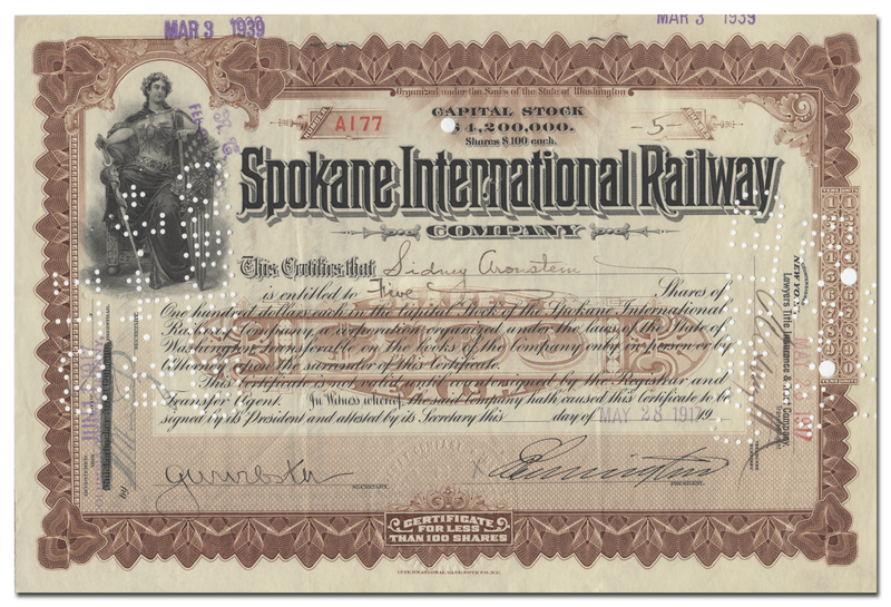 Spokane International Railway Company Stock Certificate