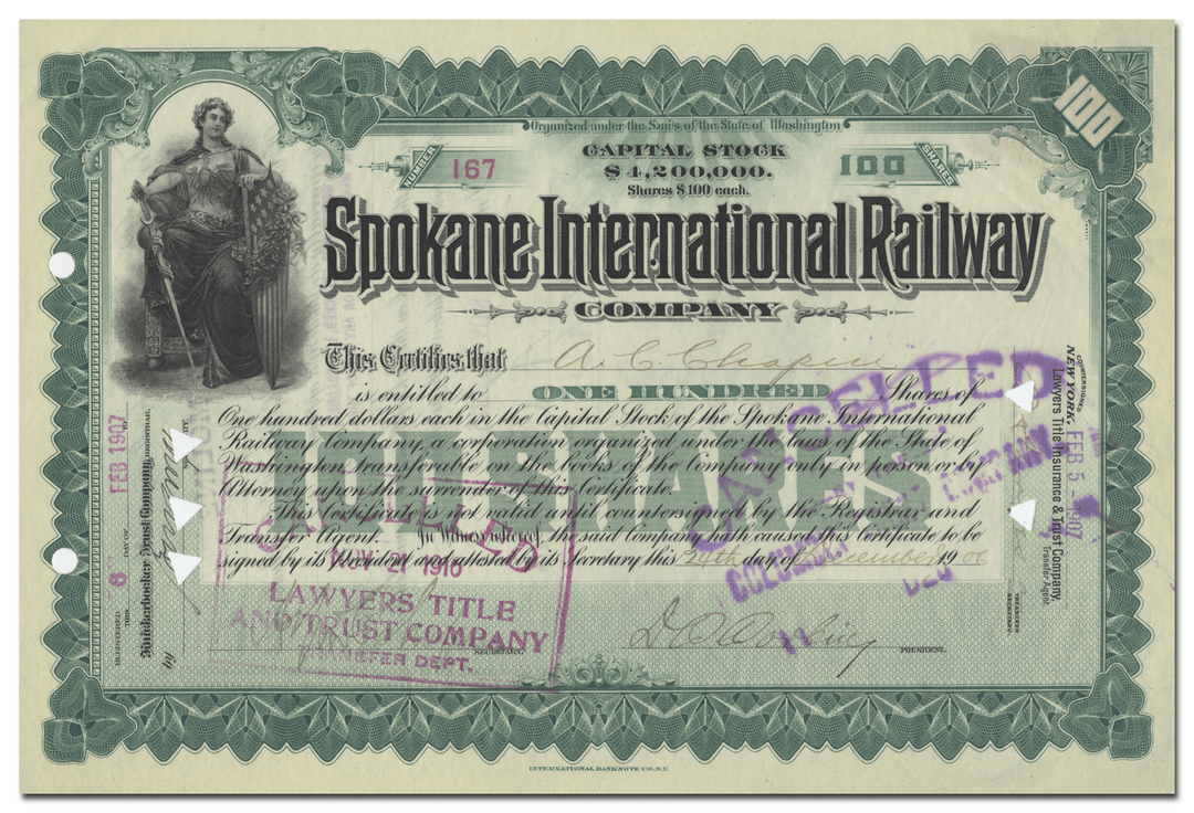 Spokane International Railway Company Stock Certificate (Signed by Daniel Chase Corbin)