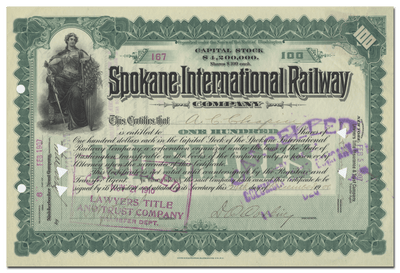 Spokane International Railway Company Stock Certificate (Signed by Daniel Chase Corbin)