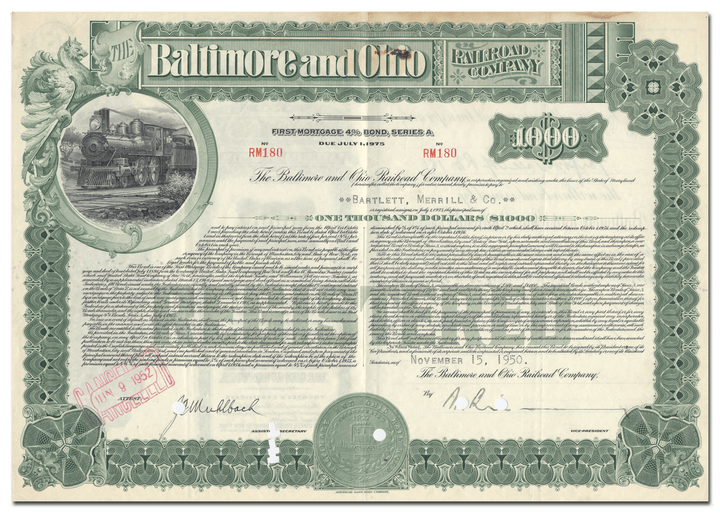 Baltimore and Ohio Railroad Company Bond Certificate