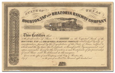 Houston, Tap and Brazoria Railway Company Stock Certificate