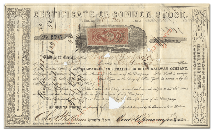 Milwaukee and Prairie du Chien Railway Company Stock Certificate