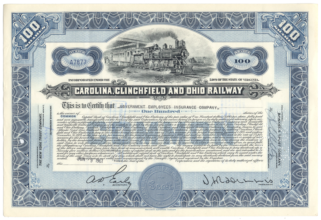 Carolina, Clinchfield and Ohio Railway Stock Certificate