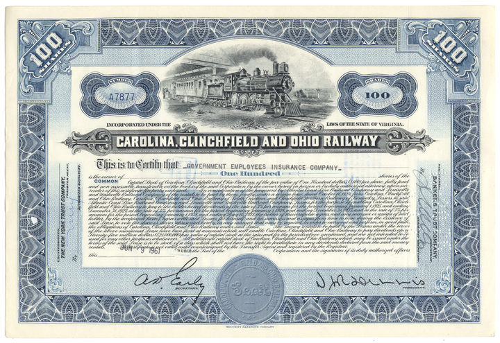 Carolina, Clinchfield and Ohio Railway Stock Certificate