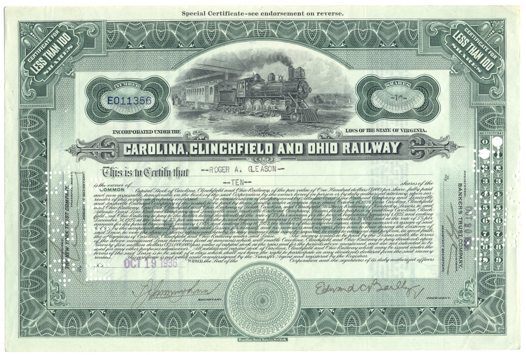 Carolina, Clinchfield and Ohio Railway Stock Certificate