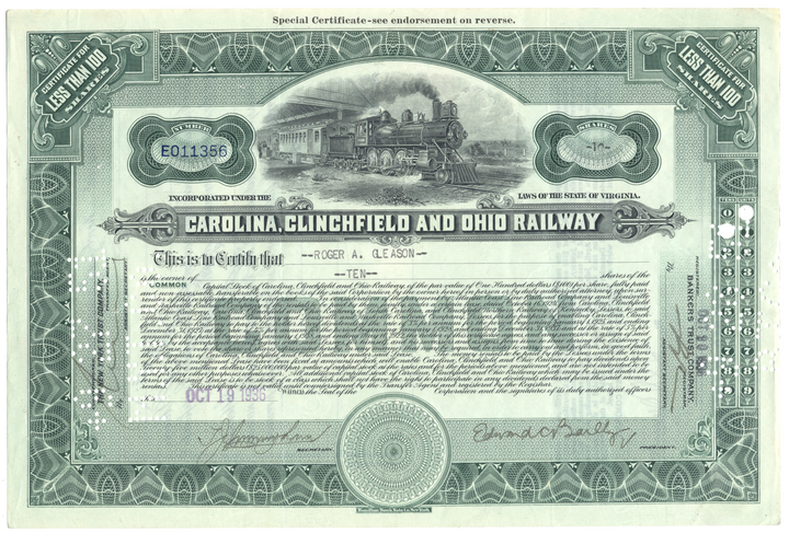 Carolina, Clinchfield and Ohio Railway Stock Certificate