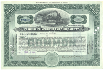 Carolina, Clinchfield and Ohio Railway Stock Certificate