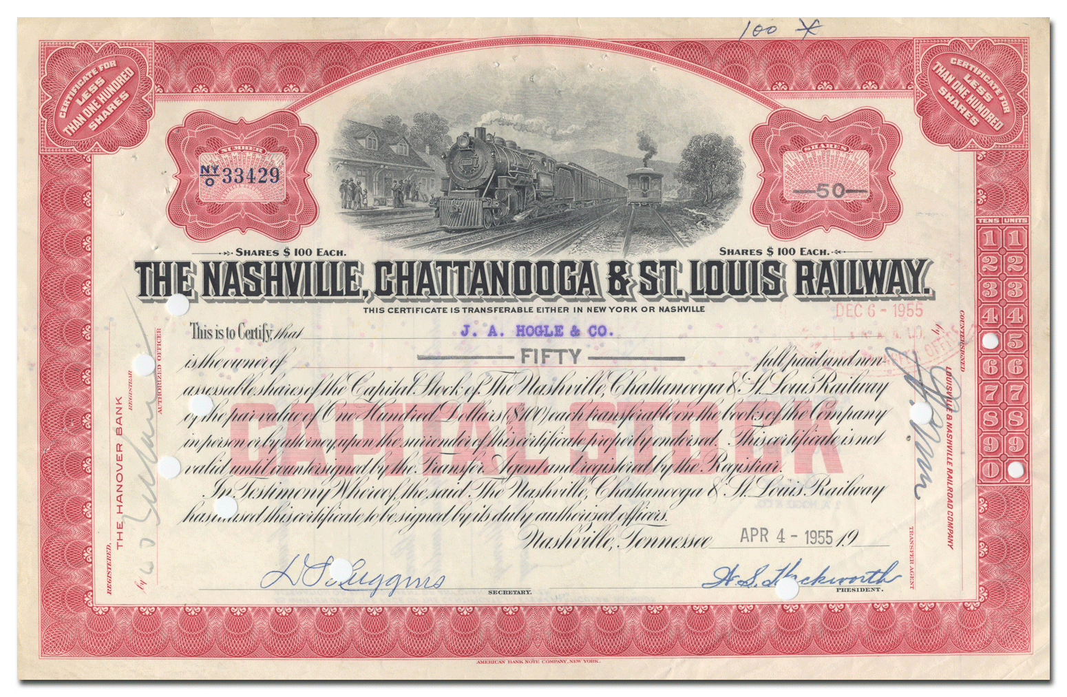 Nashville, Chattanooga & St. Louis Railway Company Stock Certificate