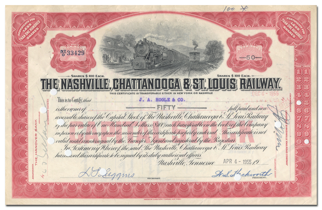 Nashville, Chattanooga & St. Louis Railway Company Stock Certificate