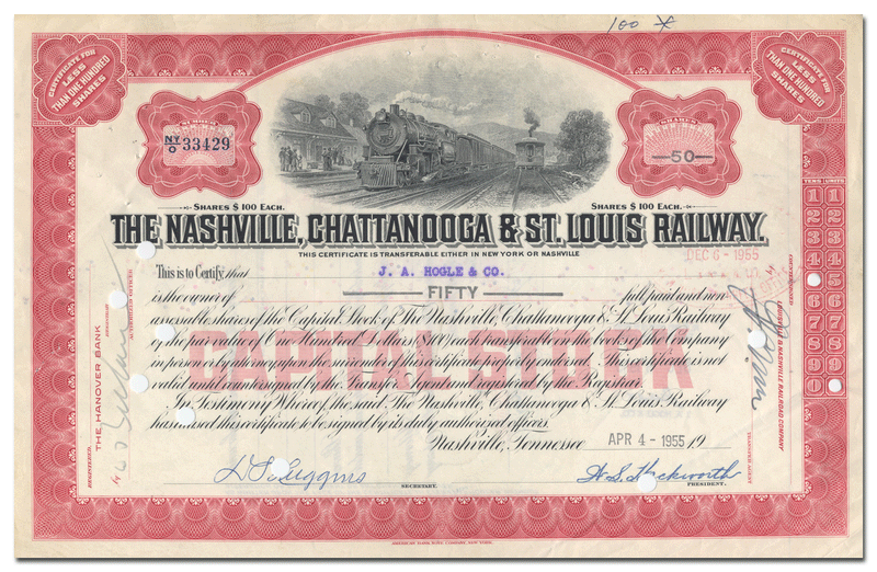 Nashville, Chattanooga & St. Louis Railway Company Stock Certificate