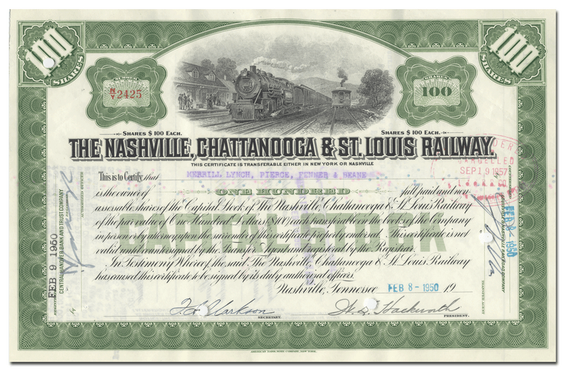 Nashville, Chattanooga & St. Louis Railway Company Stock Certificate