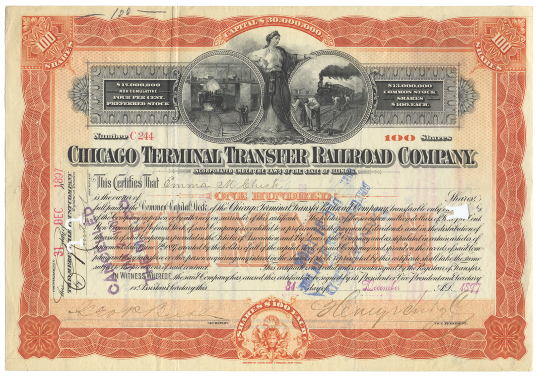 Chicago Terminal Transfer Railroad Company Stock Certificate