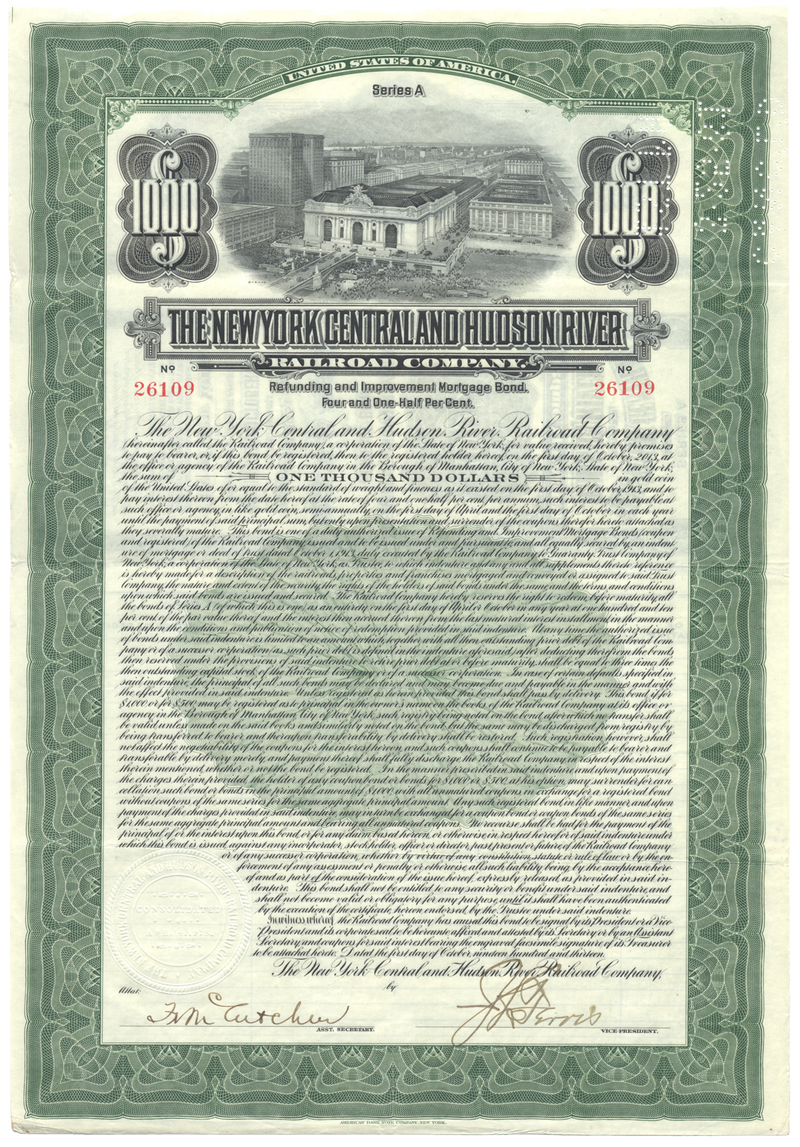 New York Central and Hudson River Railroad Company Bond Certificate