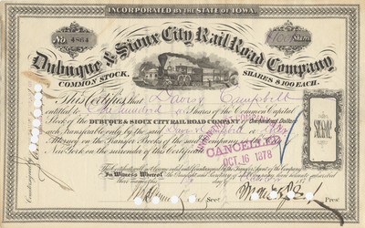 Dubuque & Sioux City Rail Road Company Stock Certificate Signed by Morris K. Jessup
