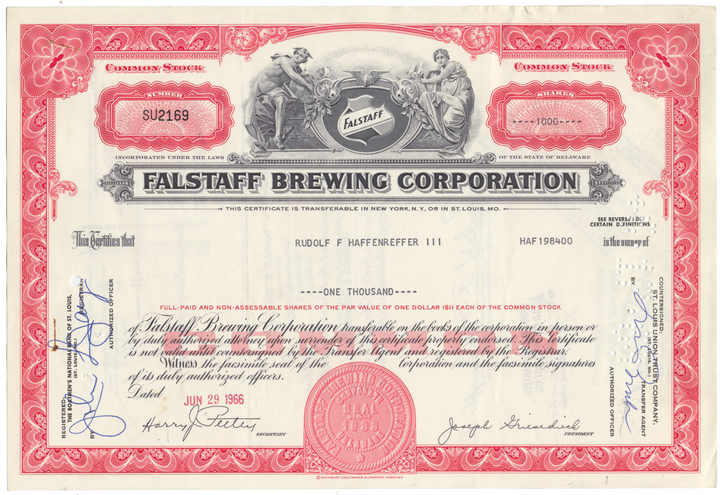 Falstaff Brewing Corporation Stock Certificate