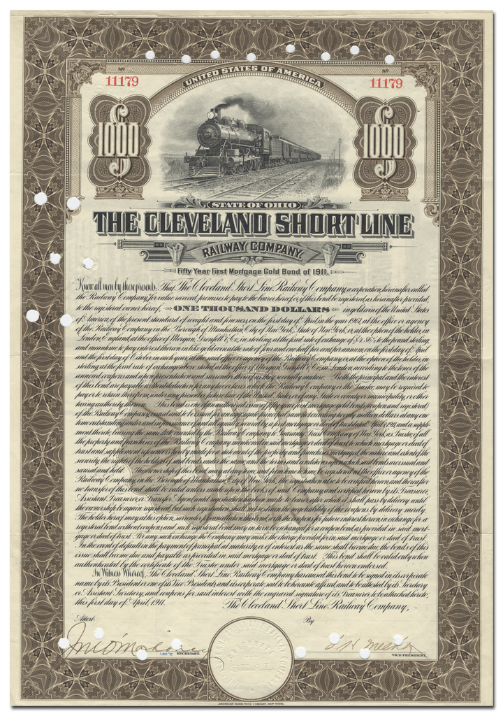 Cleveland Short Line Railway Company Bond Certificate