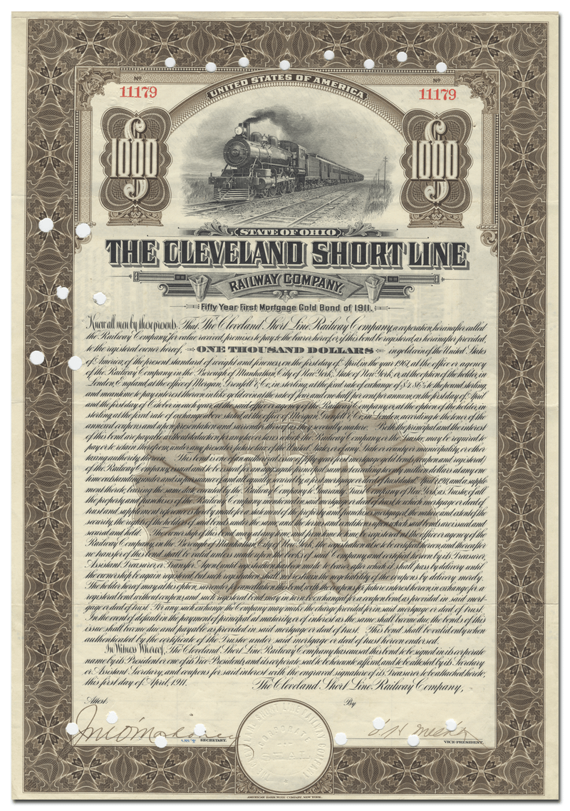 Cleveland Short Line Railway Company Bond Certificate