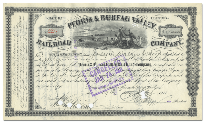 Peoria & Bureau Valley Railroad Company Stock Certificate