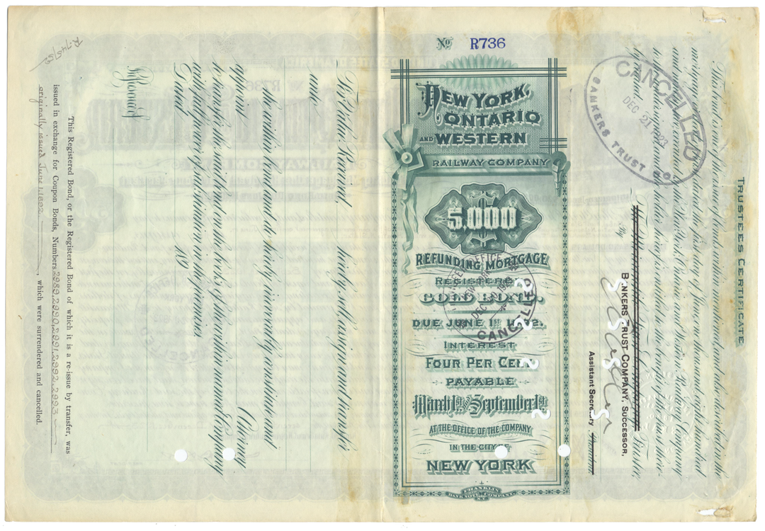 New York, Ontario and Western Railway Company Bond Certificate