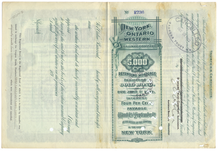 New York, Ontario and Western Railway Company Bond Certificate