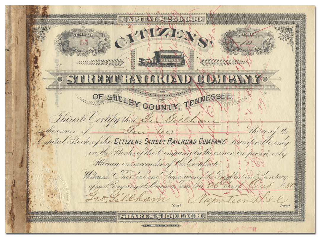 Citizens' Street Railroad Company of Shelby County, Tennessee Stock Certificate