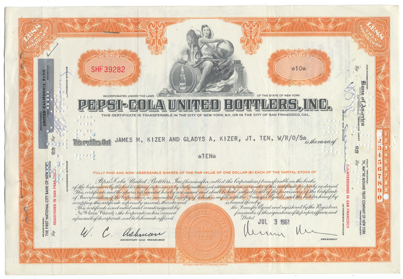 Pepsi-Cola United Bottlers, Inc. Stock Certificate