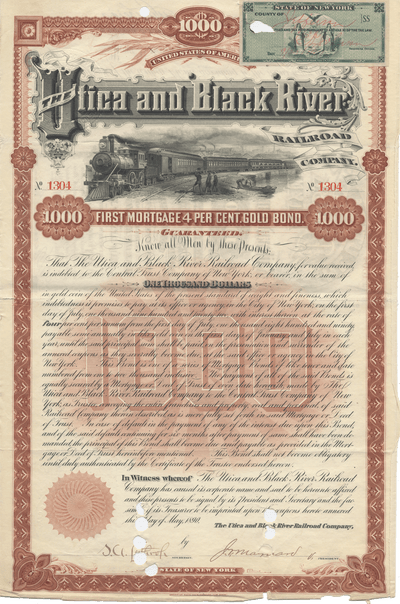 Utica and Black River Railroad Company Bond Certificate
