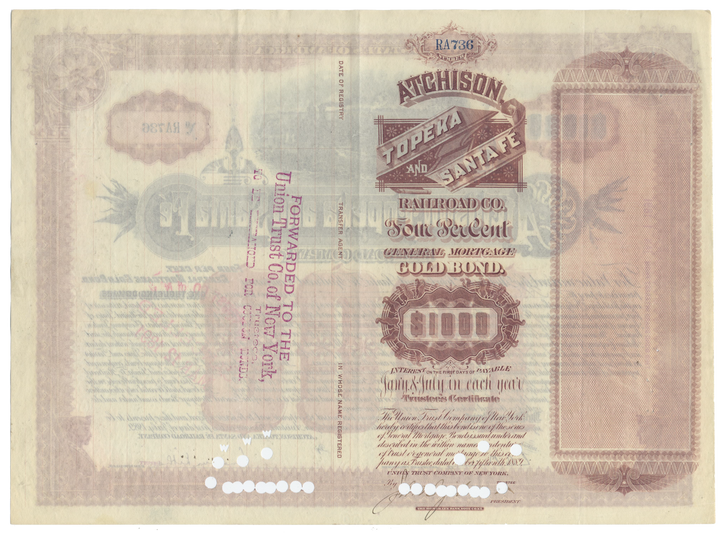 Atchison, Topeka and Santa Fe Railroad Company Bond Certificate