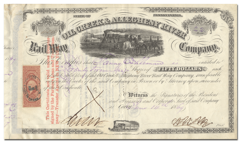 Oil Creek & Allegheny River Rail Way Company Stock Certificate
