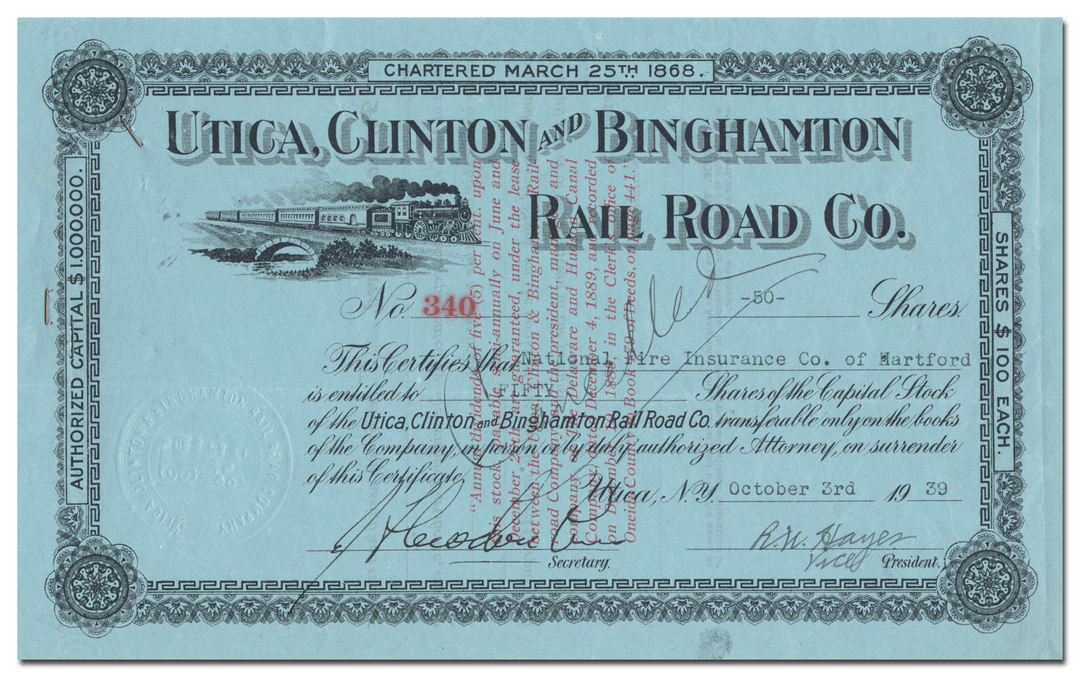 Utica, Clinton and Binghamton Rail Road Co. Stock Certificate