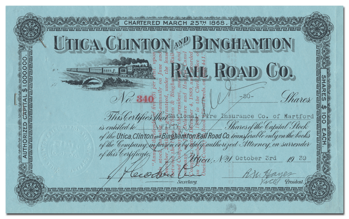 Utica, Clinton and Binghamton Rail Road Co. Stock Certificate