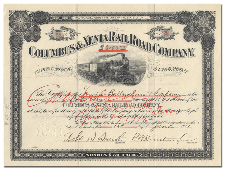 Columbus & Xenia Rail Road Company Stock Certificate