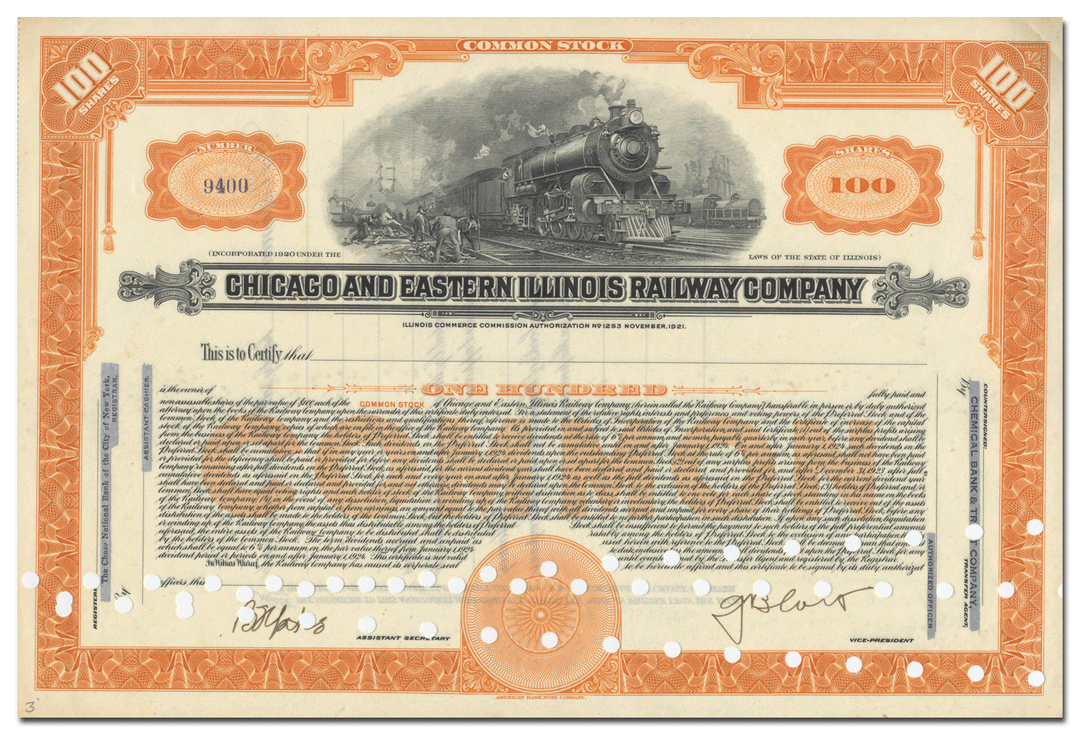 Chicago and Eastern Illinois Railway Company Stock Certificate