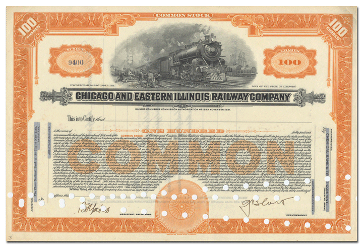 Chicago and Eastern Illinois Railway Company Stock Certificate