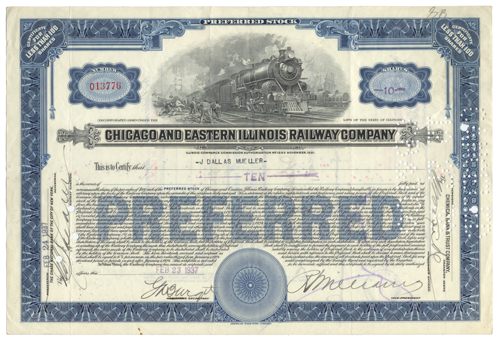 Chicago and Eastern Illinois Railroad Company Stock Certificate