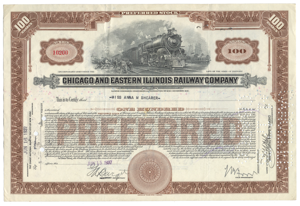 Chicago and Eastern Illinois Railroad Company Stock Certificate