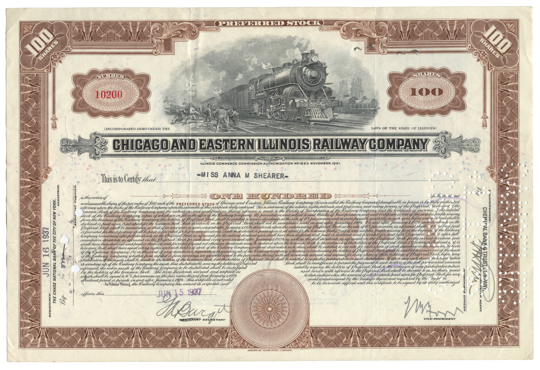 Chicago and Eastern Illinois Railroad Company Stock Certificate