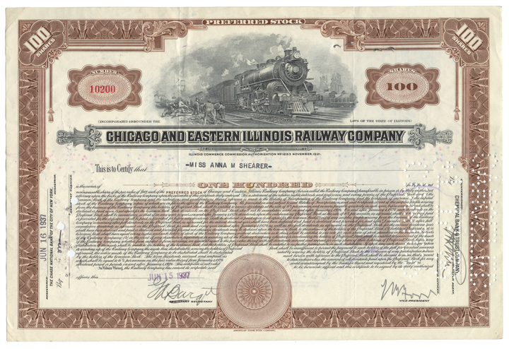 Chicago and Eastern Illinois Railroad Company Stock Certificate