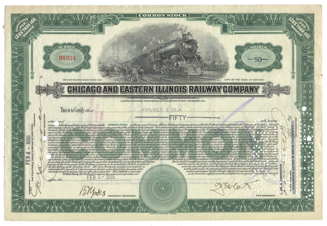 Chicago and Eastern Illinois Railroad Company Stock Certificate