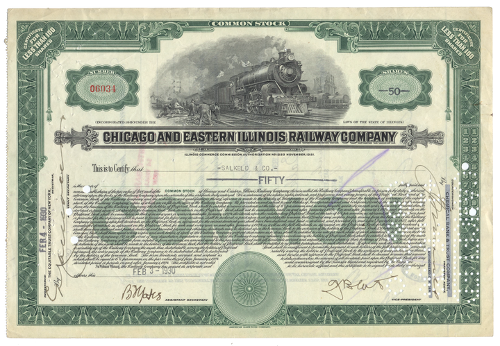 Chicago and Eastern Illinois Railroad Company Stock Certificate