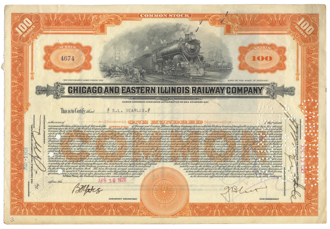 Chicago and Eastern Illinois Railroad Company Stock Certificate