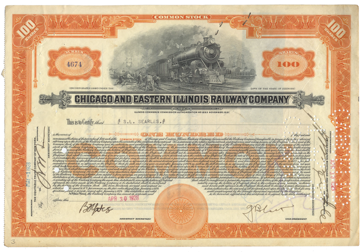 Chicago and Eastern Illinois Railroad Company Stock Certificate