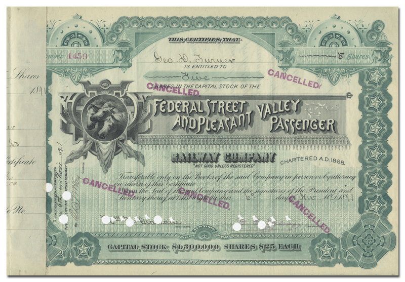 Federal Street and Pleasant Valley Passenger Railway Company Stock Certificate