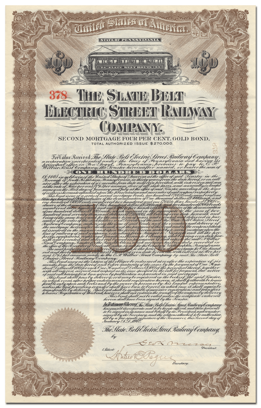 Slate Belt Electric Street Railway Company Bond Certificate